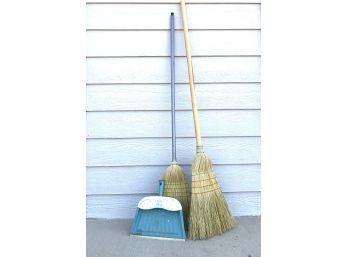 Two Straw Brooms With Cute Vintage Dustpan