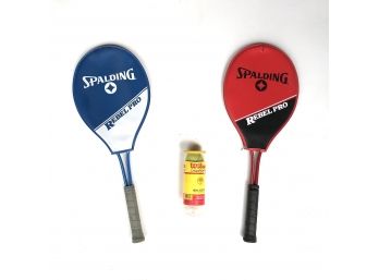 Two Spalding Rebel Pro Tennis Rackets And Wilson Tennis Balls