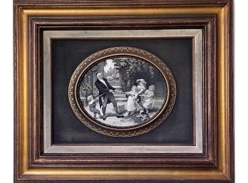 Beautiful Silk Tapestry Oval Picture In Black & White In Frame