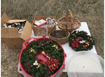 Christmas Wreath, Basket, And Ceramics