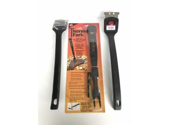 Grill Tools Including Two BBQ Grill Brushes And Thermo-Fork