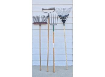 4 Piece Lot Of Rakes And Pitch Fork