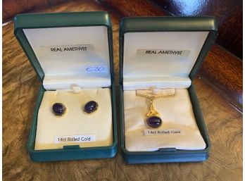 Necklace And Earring Set 14k Rolled Gold With Real Amethyst Stones