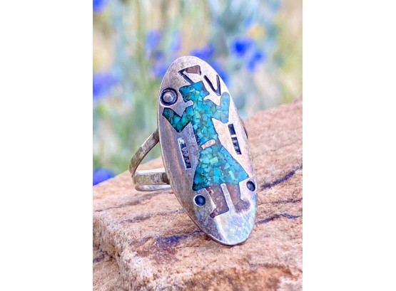 Mexican Silver And Turquoise Chip Ring With Yei Dancer