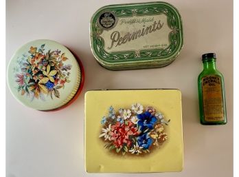 Collection Of Vintage Tins (Filled With Buttons And Clips) And Moone's Emerald Oil Bottle