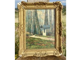 Small Forrest Cottage In Painting In Gold Toned Frame