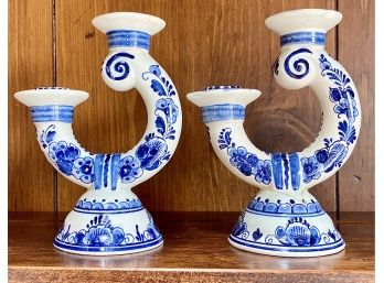 Pair Of Blue And White Delft Candlesticks Hand-Painted From Holland, 5 Inches Tall