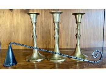 Matching Set Of 3 Brass Candlesticks For Very Narrow Candles, Includes Snuffer