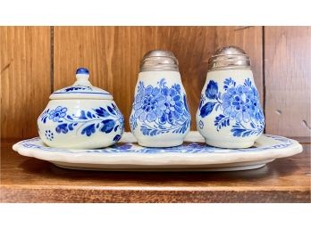 Delft Small Salt & Pepper Shaker And Tray, Hand-painted From Holland