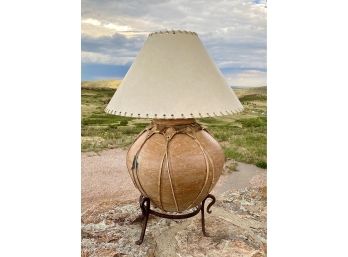 Beautiful Pottery Lamp On Iron Stand With Rawhide Accent