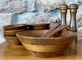 Hand-turned Salad Bowl Set, With 7 Serving Bowls, Includes Tongs And Salt & Pepper Shaker