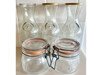 Collection Of Glasses Incl. Etched Glass Bottles And Lidded Mason Jars