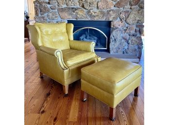 Mustard Yellow Leather Studded Parlor Chair With Foot Rest