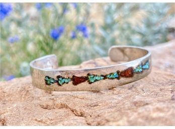 Sterling Cuff Bracelet With Inlaid Turquoise And Corral