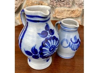 Two Pretty Blue Pottery Vases, One From Schllz