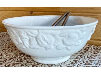 Large White Antica FornacE Made In Italy Bowl With Two Large Serving Utencils