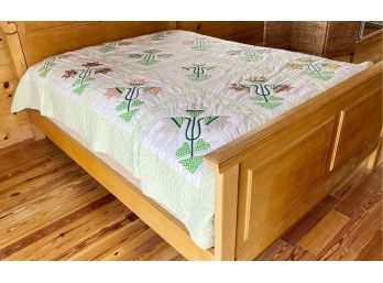 Vintage Handmade Quilt, Mint Green With Flowers