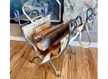 Metal Firewood Caddy With Leather Carrier