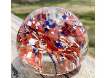 Clear Glass Paperweight With Red/orange Design And Controlled Bubbles