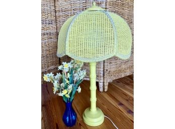 Vintage Yellow Lamp And Blue Glass Vase With Yellow Faux Flowers
