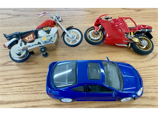 Model Car And Two Toy Motorcycles