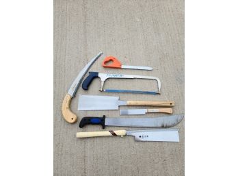 Lot Of Six Misc Cutting Tools Including Machete, Flush Cut Saw With Covers.