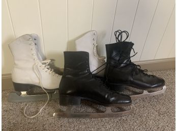 Two Pairs Of Vintage Ice Skates Including A Black Pair Labeled Brooks