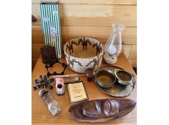 Lot Of Knick Knacks And Home Decor Including Wooden Boat, Vintage Slinky, Carved Figurine, Book End And More
