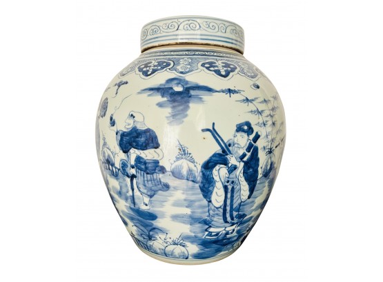 Large Blue-White Lidded Chinese Glazed Hand Painted Jar With Classical Figures