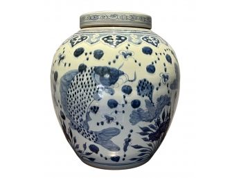 Large Chinese Blue-White Glazed Hand Painted  Lidded Jar With Fish Designs