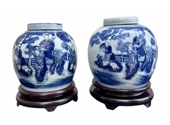 Pair Of Antique Blue/white Lidded Jars With Wood Bases