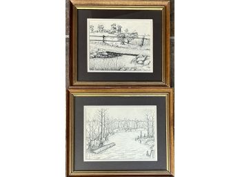 2 Pc. Ink Drawing Prints Of River Scenes With Black Matting & Gilt Frame