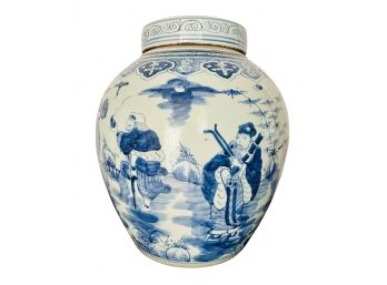 Large Blue-White Lidded Chinese Glazed Hand Painted Jar With Classical Figures