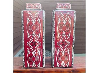 Pair Of Matching Red Ceramic Vases With Lids
