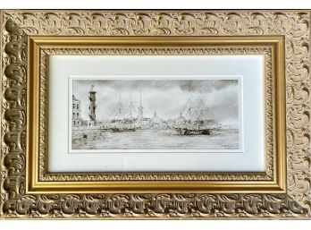 Framed Print European City Scape By Dock In Lovely Gilt Frame