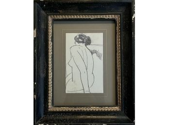 Seated Nude Charcoal Drawing In Distressed Wood Frame