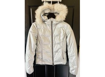 Metalic Silver Down Puffer Jacket With Hood Trimmed W/fur By Authier Women's Size 6