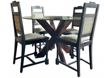 48 ' Round Glass Top Table W/wood Crossed Beam Base And 4 Black Old World Style Side Chairs