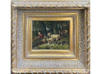 Shepherd With Sheep Original Oil By Wagner In Heavy Gilt Ornate Frame