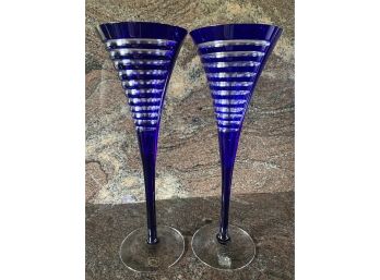 2 Cut Crystal Cobalt Champagne Flutes Made In Hungary