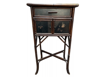 Tall Asian Table With 1 Drawer & 2 Doors- Bamboo With Black Paint And Botanical Designs
