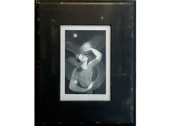 Signed And Framed Print By Joan Francisco Moon Lit Figure Of Man Holding Glowing Shape