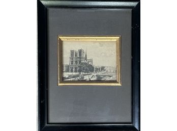 Vintage Etching Of  Notre Dame & Seine Scene In Black Frame With Gilt Accent- Signed