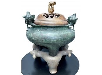 Beautiful Antique Bronze Opium Pot With Carved Wood Lid & Wood Base