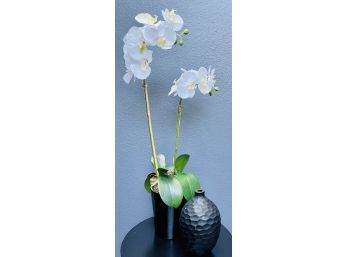 2 Pc. Decor Lot With Faux Orchid In Black Pot & Black Glass Vase