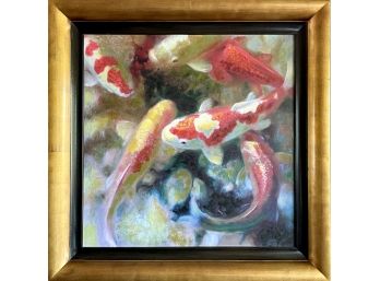 Beautiful Original Oil Painting Feauturing Koi Fish In Lovely Heavy Black Gilt Frame