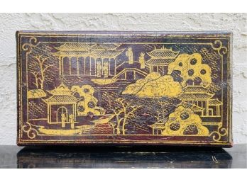 Antique Chinese Hand Painted Wood Box With Crackled Finish And Wax Seal