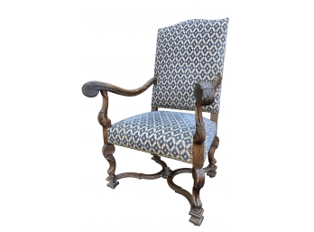 Antique Louis 14 Style Carved Arm Chair With Blue Fabric & Nail Head Trim