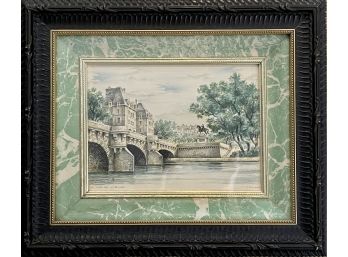 Ink Drawing With Watercolors 'le Pont Neuf' - Paris Signed And Framed In Carved Wood Frame