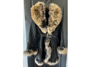 Black Shearling Fur Trimmed Mid Lenght Coat With Tan Zig Zag Accent By Branco Pelle Women's Size Medium